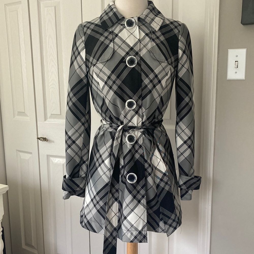 Plaid Tie-Waist Trench Coat - Black & White